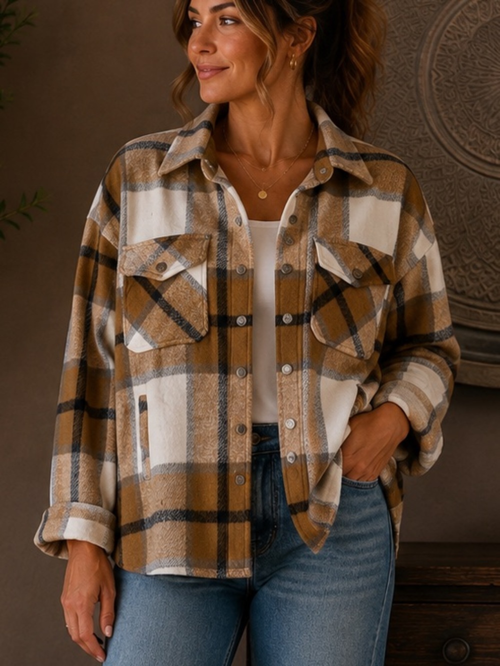 Beginning Boutique Camel, White & Black Plaid Utility Shacket Jacket FALL Y’ALL
